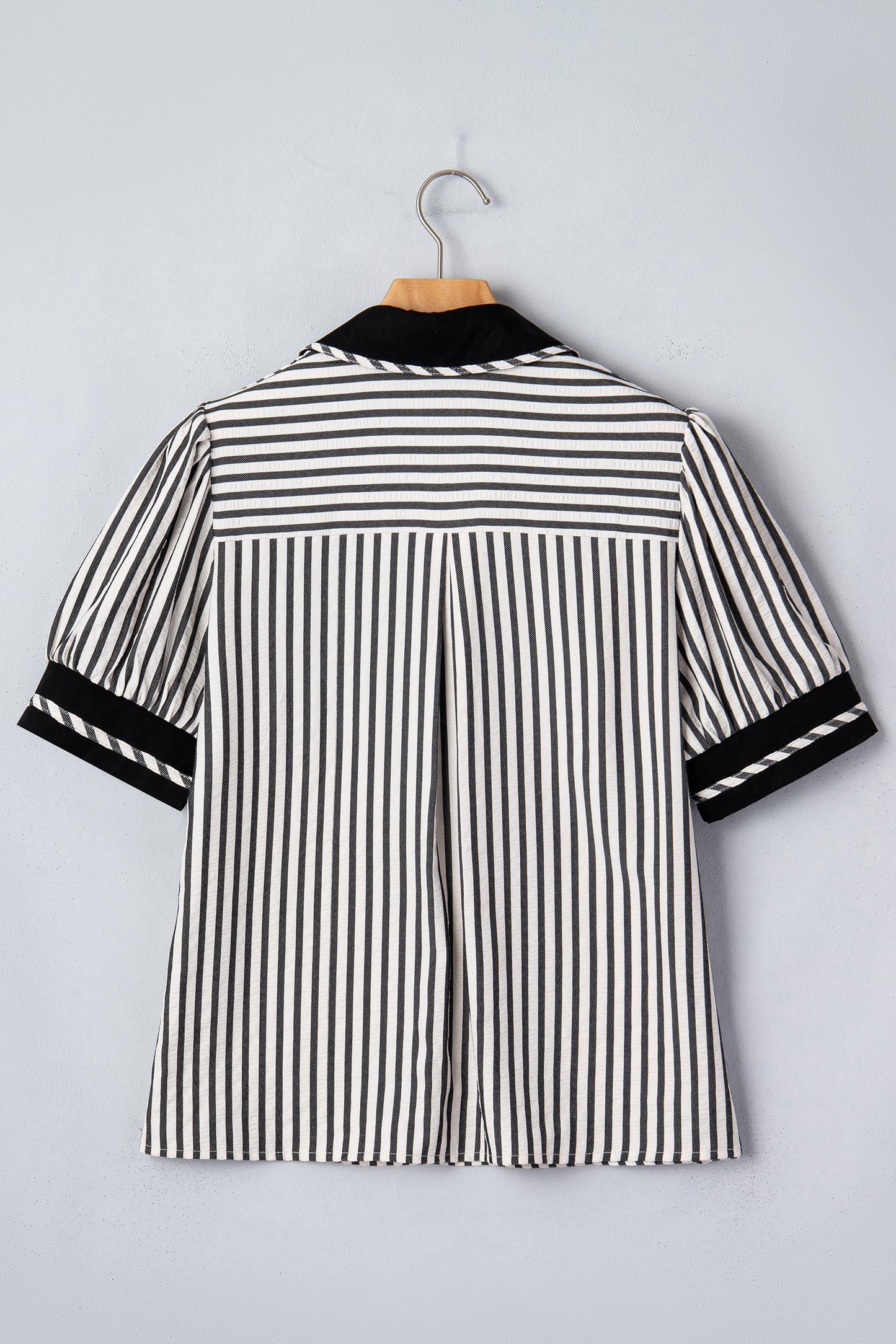 Stripe Collared V-Neck Bubble Sleeve Blouse