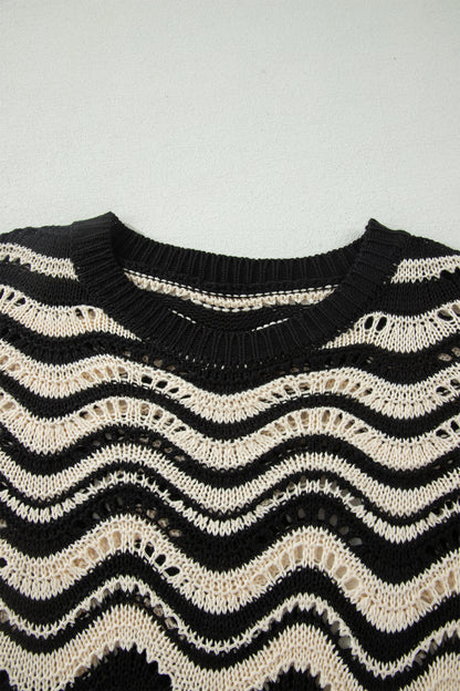 Wavy Stripe Ruffle 3/4 Sleeve Crochet Sweater