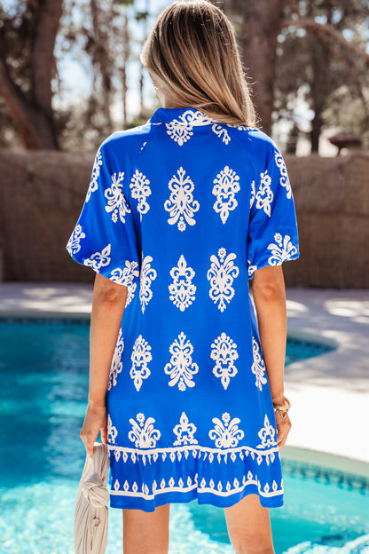Boho Geometric Collared Button Front Mini Dress