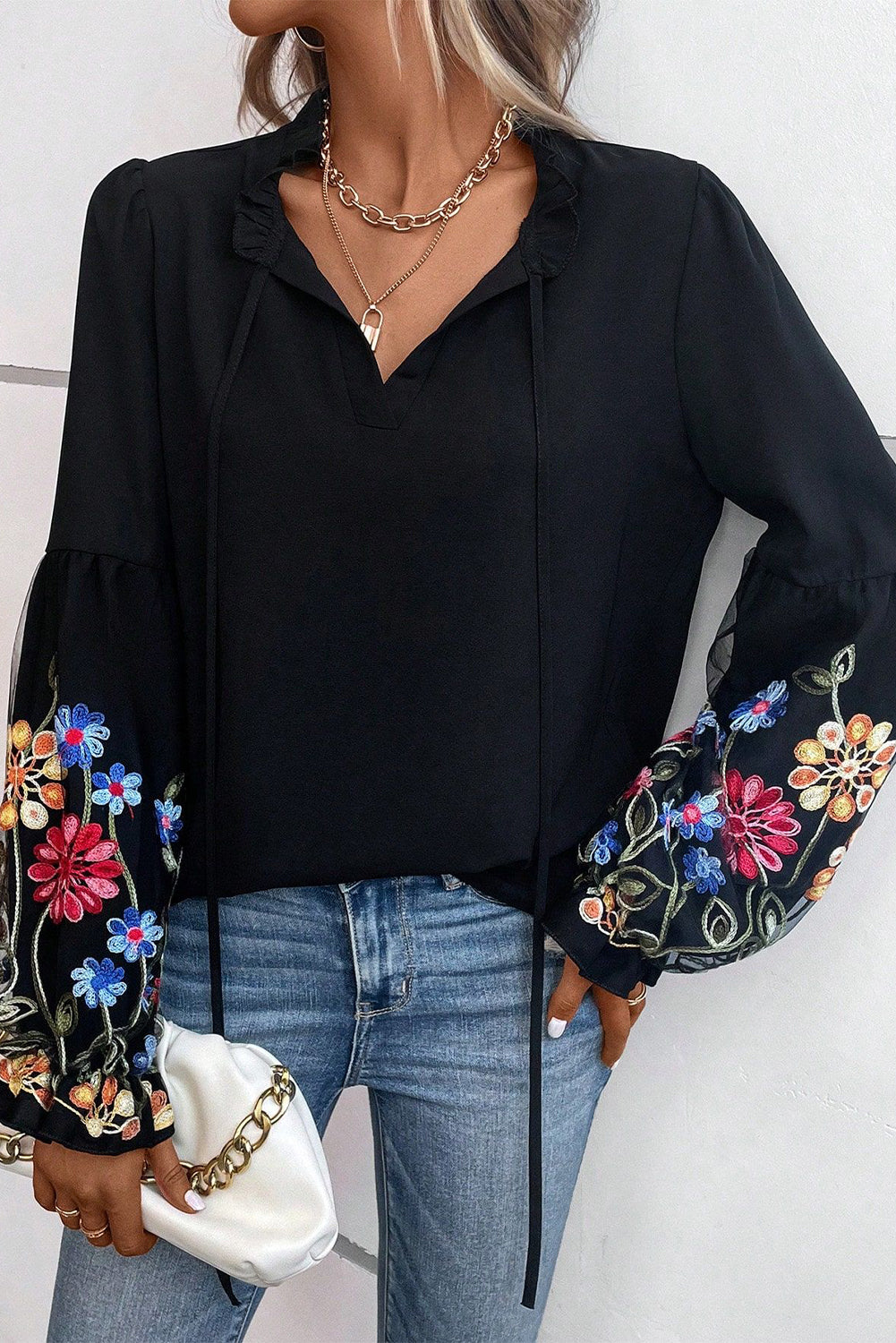 Floral Embroidered Flounce Sleeve Blouse