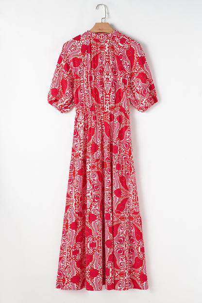 Paisley Side Slit Puff Sleeve Maxi Dress