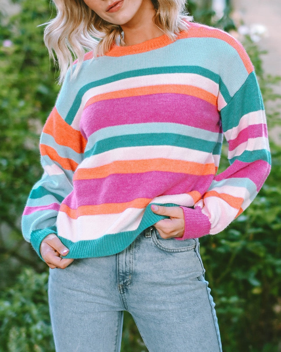 Multicolor Stripe Puff Sleeve Sweater