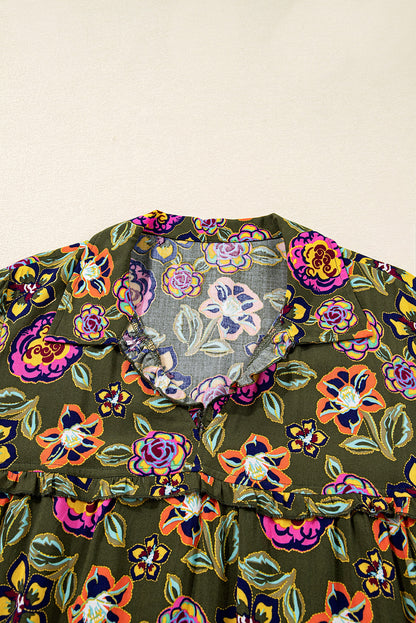 Floral Split Neck Bubble Sleeve Shift Mini Dress