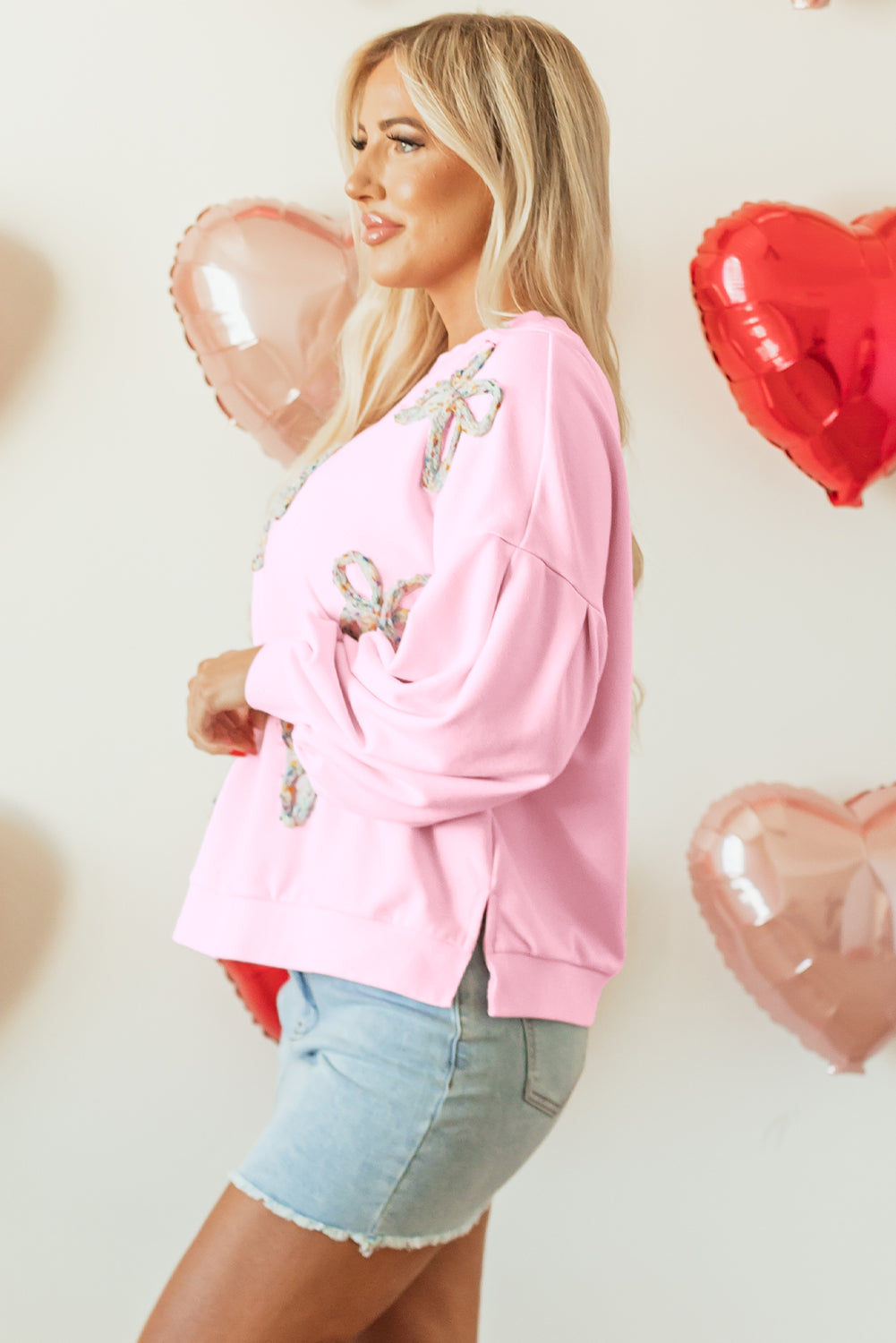 Valentine Bow Embroidered Lantern Sleeve Sweatshirt