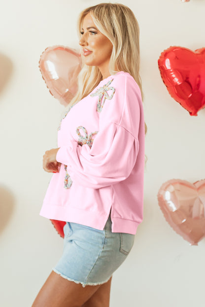 Valentine Bow Embroidered Lantern Sleeve Sweatshirt