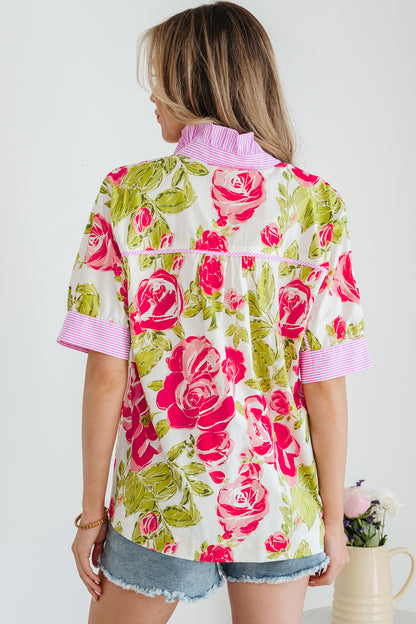 Floral Stripe Trim Frilled Collar Short Sleeve Shirt