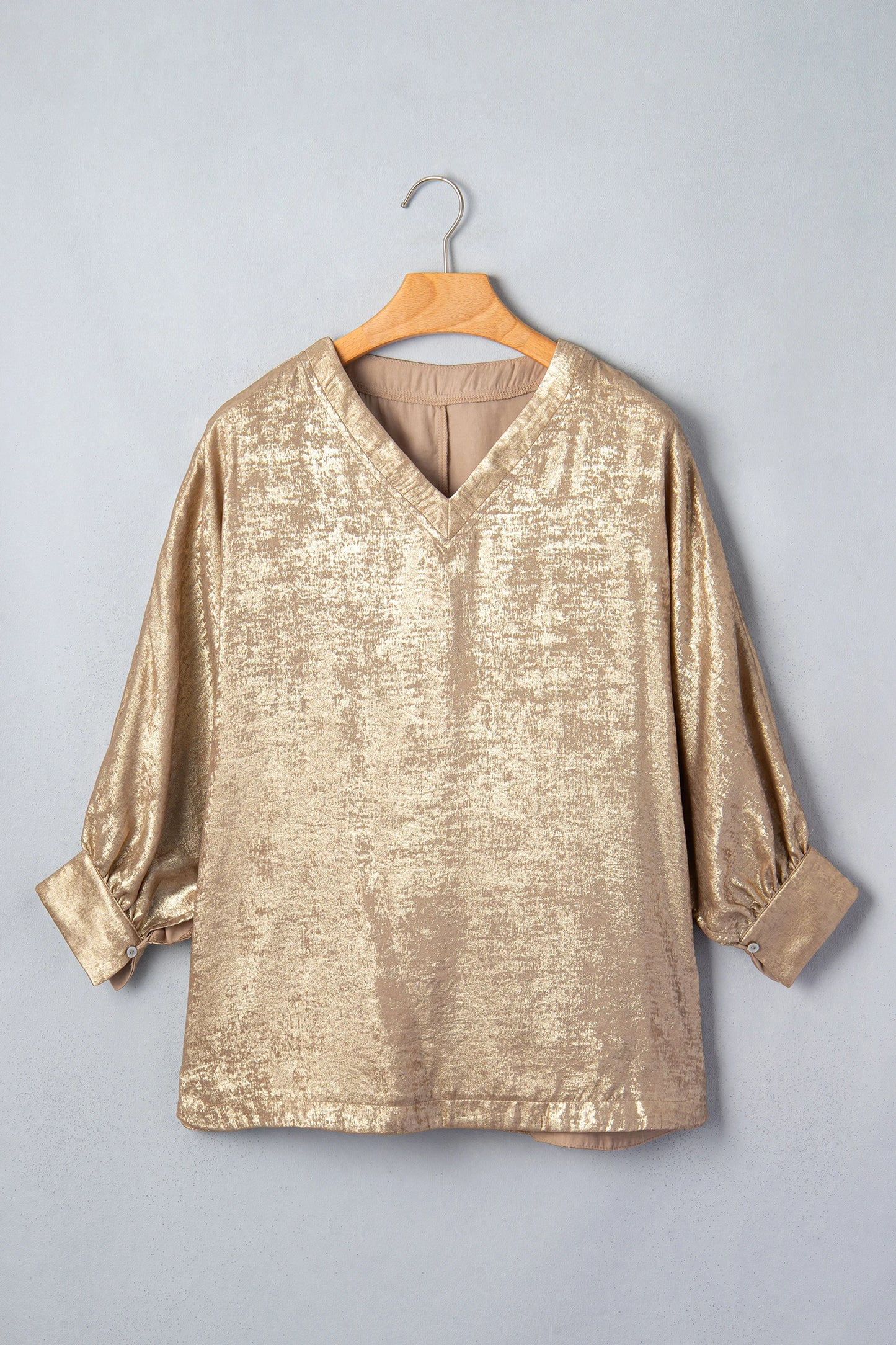 Metallic V-Neck Button Cuff Dolman Sleeve Blouse