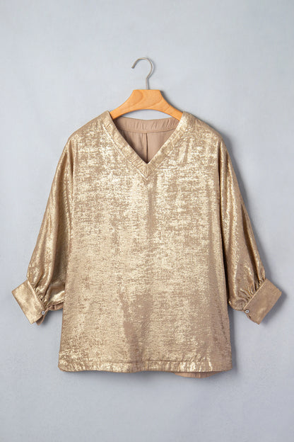 Metallic V-Neck Button Cuff Dolman Sleeve Blouse