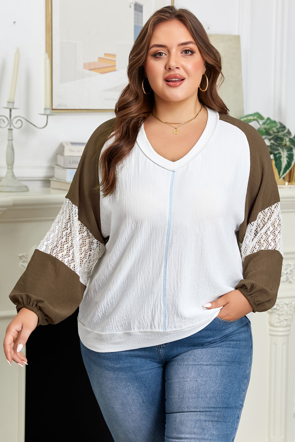 Plus Size Colorblock Lace Patchwork Balloon Sleeve Top