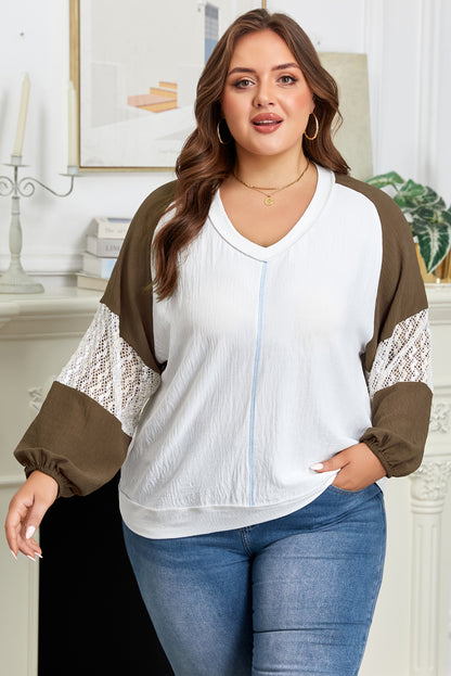 Plus Size Colorblock Lace Patchwork Balloon Sleeve Top