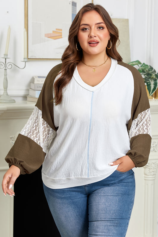 Plus Size Colorblock Lace Patchwork Balloon Sleeve Top