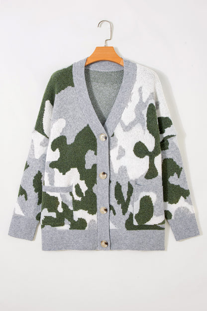 Camo Contrast Trim Buttoned V-Neck Cardigan