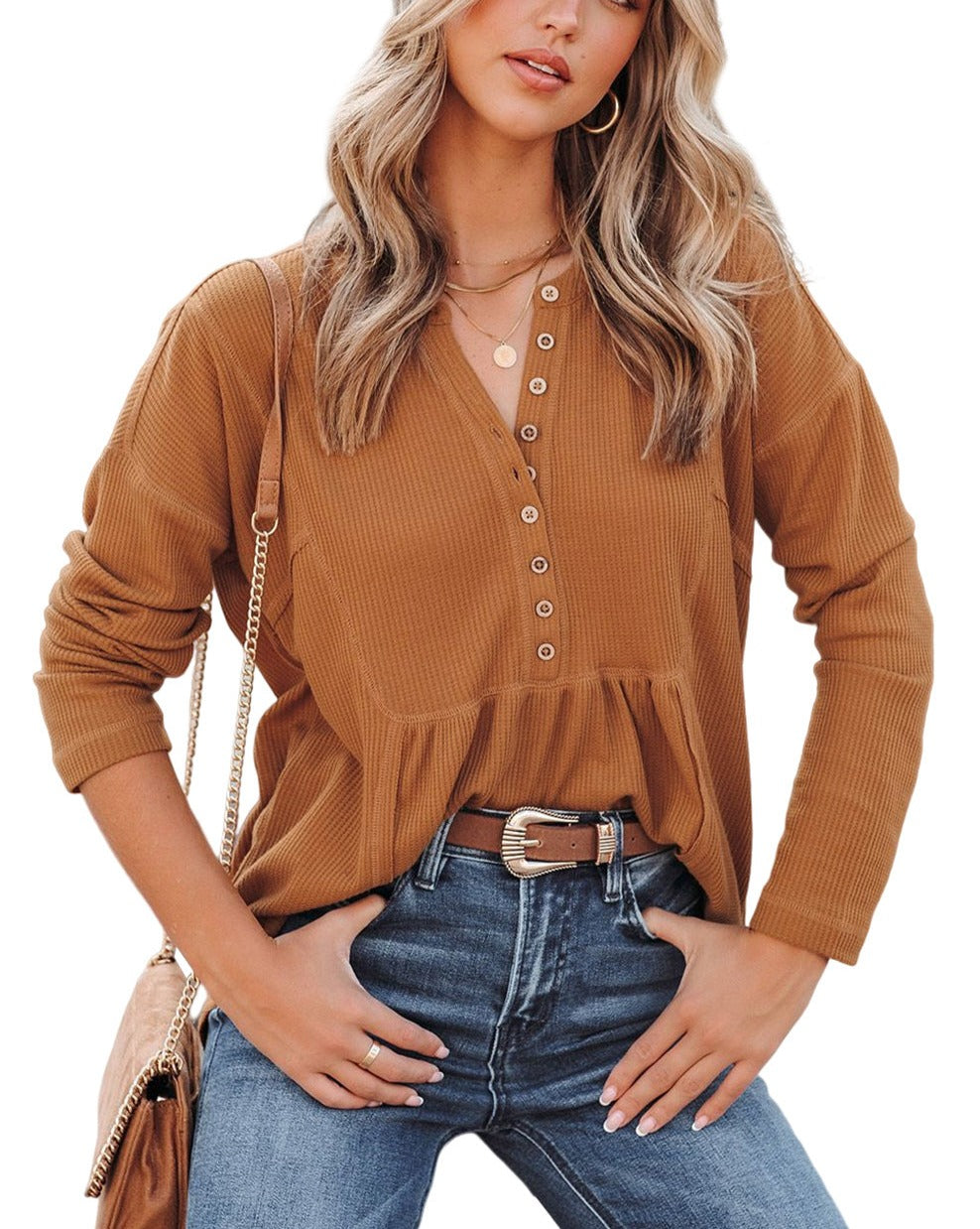 Waffle Long Sleeve Henley Top