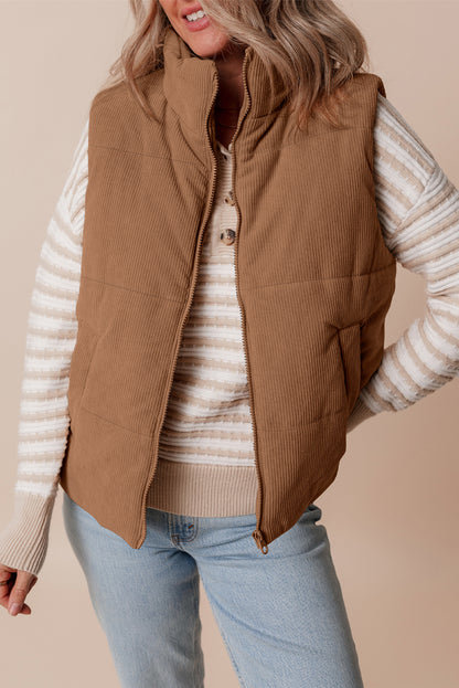 Corduroy Zip-Up Pocketed Puffer Vest