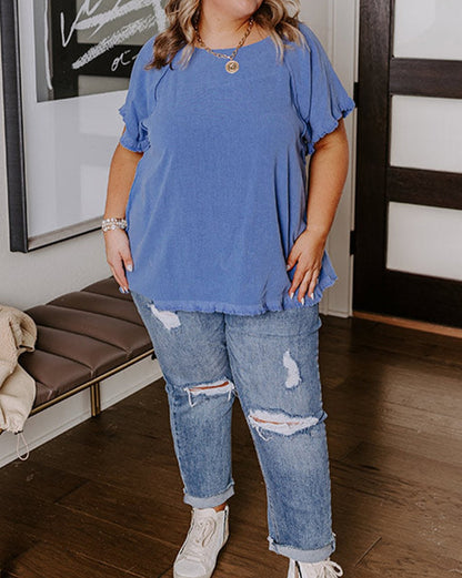 Raw Edge Short Sleeve Top Plus Size