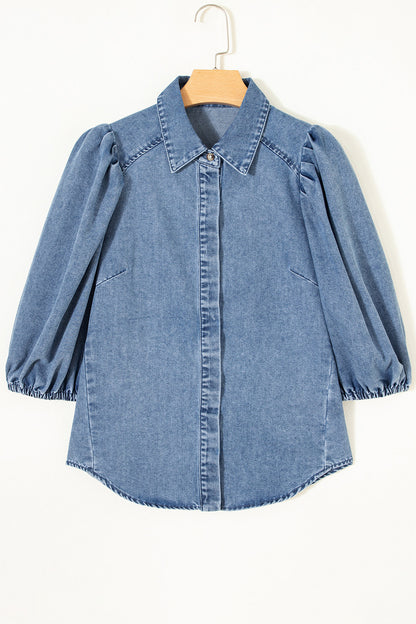 Solid Denim 3/4 Puff Sleeve Collared Shirt