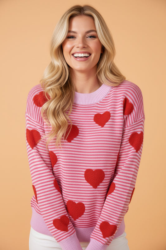 Valentine Heart Stripe Drop Shoulder Sweater