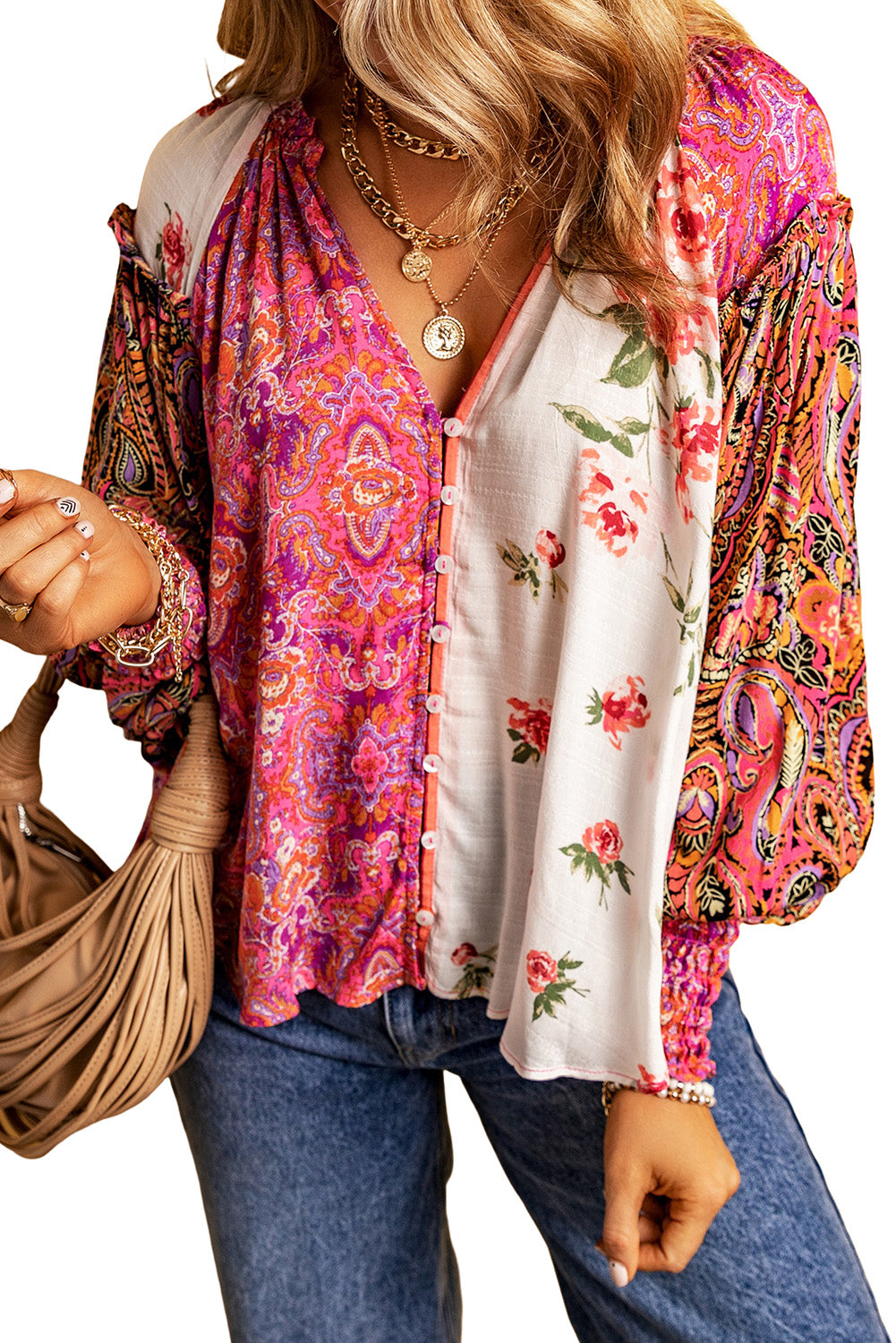 Floral Patchwork V-Neck Blouse