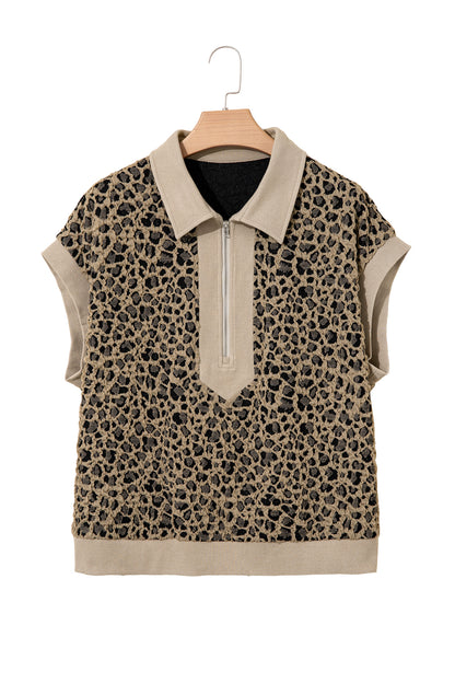 Plus Size Leopard Patchwork Ribbed Zip Up Collar Top