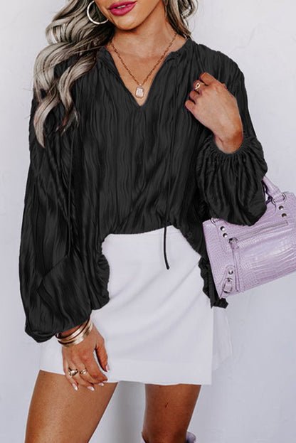 Textured Bubble Sleeve V-Neck Blouse