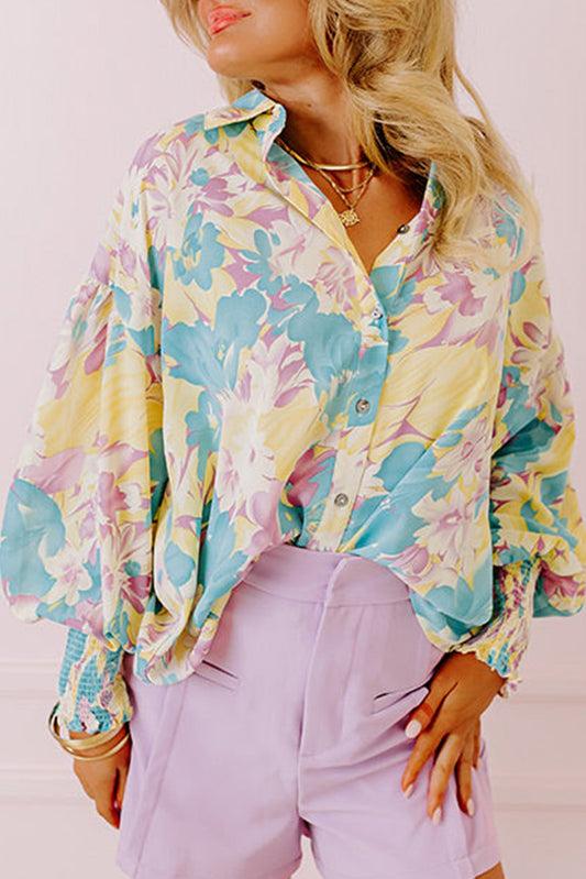 Floral Shirred Cuff Oversized Shirt