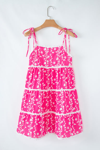 Floral Ric-Rac Tie Strap Sleeveless Mini Dress