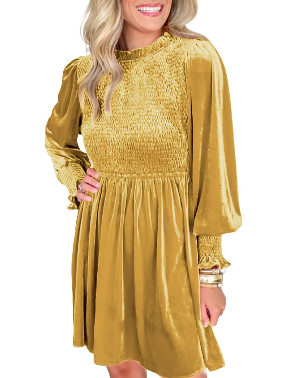 Velvet Smocked Puff Sleeve Dress