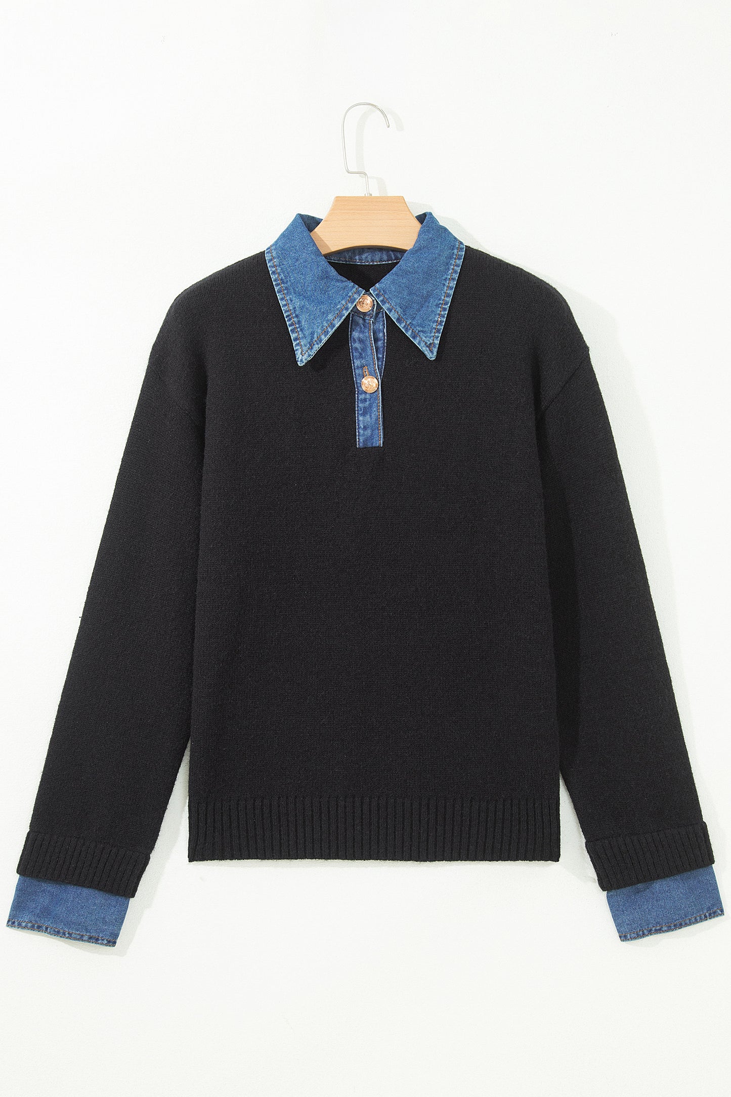 Denim Patchwork Collar Cuffed Long Sleeve Sweater
