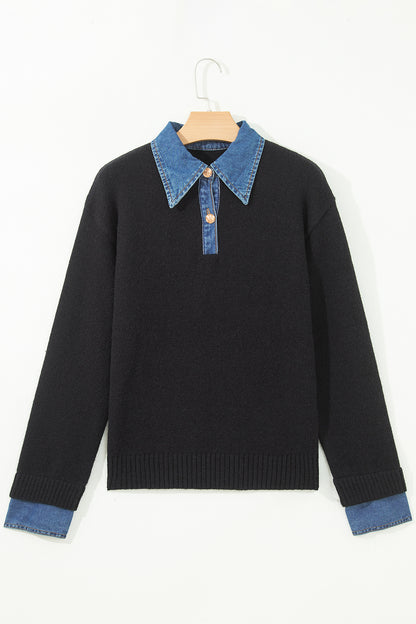 Denim Patchwork Collar Cuffed Long Sleeve Sweater