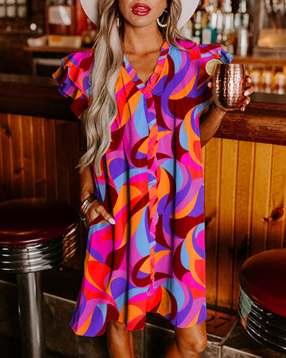 Abstract Ruffle Sleeve Shirt Dress