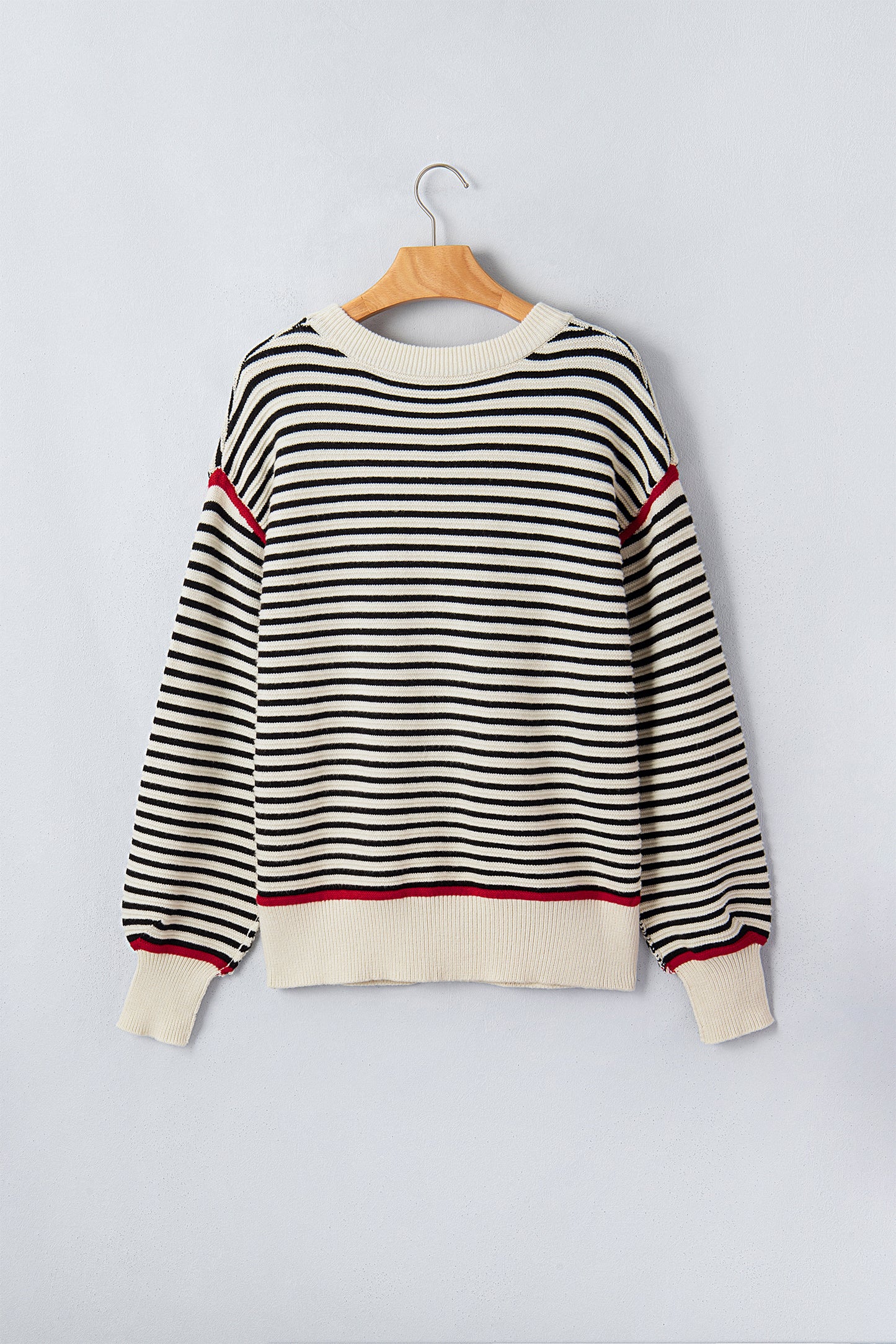 Stripe Ribbed Trim Reverse Seam Drop Shoulder Sweater