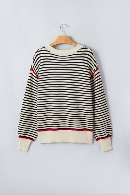 Stripe Ribbed Trim Reverse Seam Drop Shoulder Sweater
