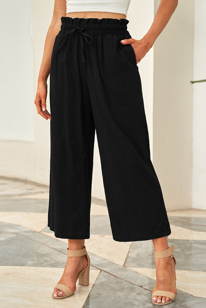Solid Paperbag Waist Straight Leg Cropped Pants