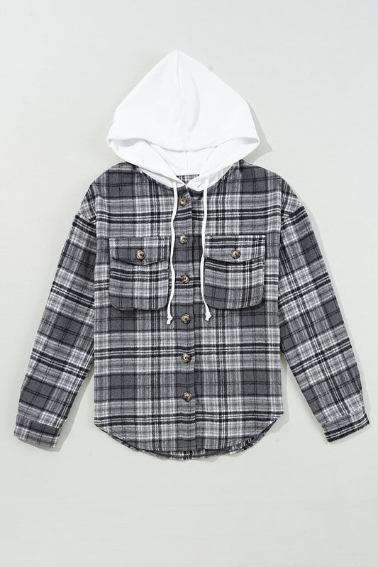 Plaid Pocketed Button-Up Hooded Shacket