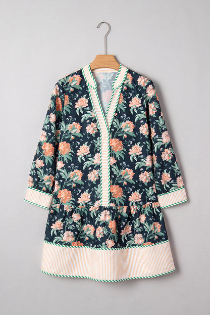 Floral Stripe Trim V-Neck Ruffle Hem Mini Dress