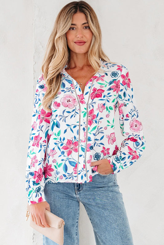 Floral Lace Trim Buttoned Long Sleeve Shirt