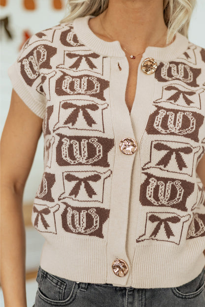 Western Horseshoe Bow Pattern Button Front Sleeveless Knit Top