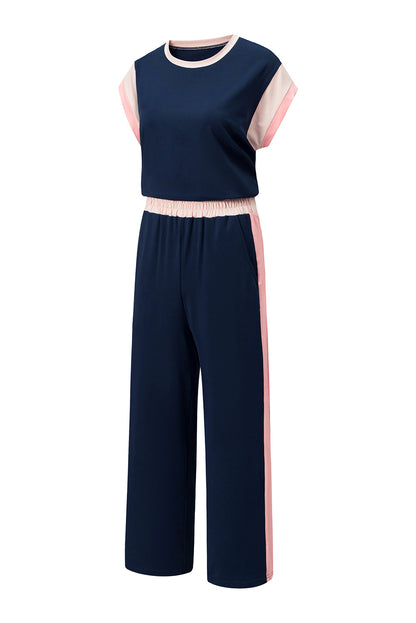 Colorblock Short Sleeve Top & Wide Leg Pants Set