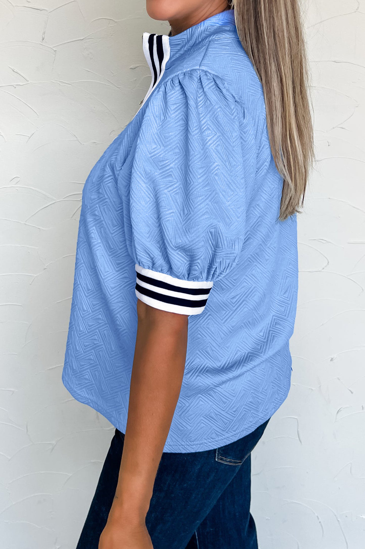 Stripe Trim Split Neck Puff Sleeve Textured Top
