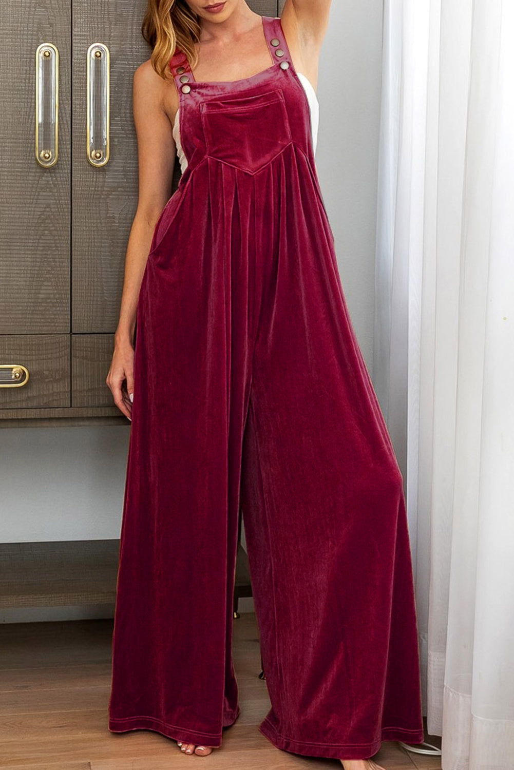 Velvet Pleated Wide Leg Overall