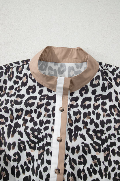 Plus Size Leopard Contrast Trim Half Button Top