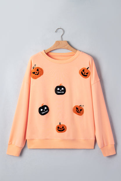 Halloween Embroidered Jack-O-Lantern Drop Shoulder Sweatshirt
