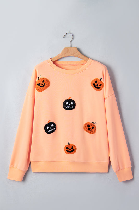 Halloween Embroidered Jack-O-Lantern Drop Shoulder Sweatshirt
