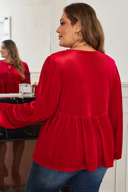 Plus Size Velvet Tie Front Peplum Blouse