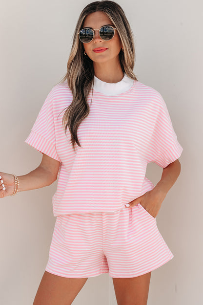Stripe Contrast Mock Neck Tee & Shorts Set