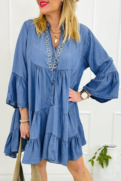 Chambray Ruffle 3/4 Sleeve Mini Dress