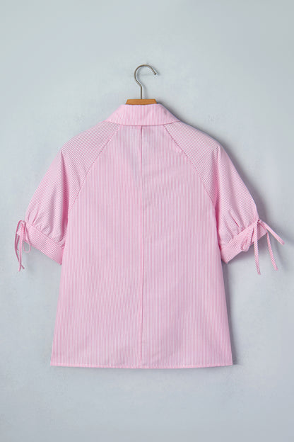 Stripe Tied Short Sleeve Collared Blouse