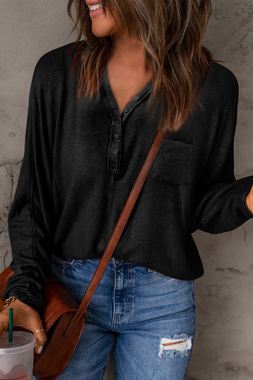 Ribbed Pocket Long Sleeve Top