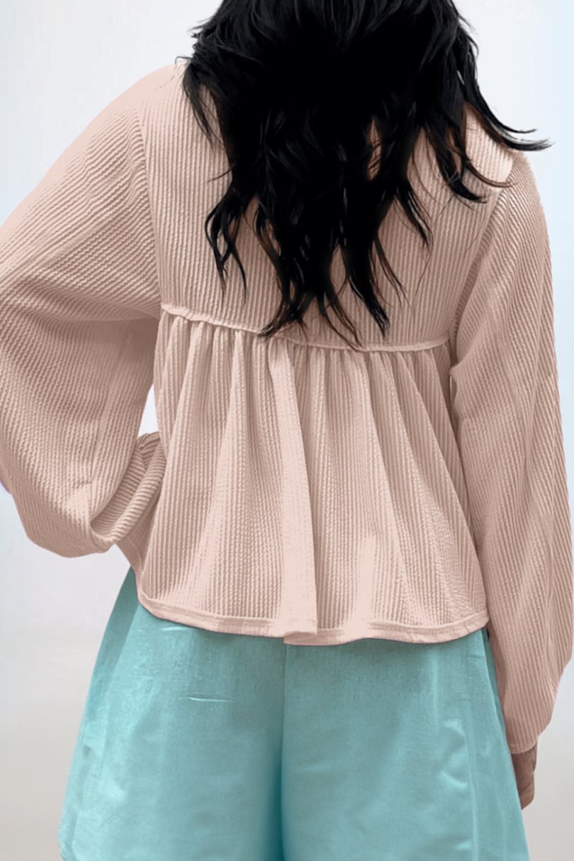 Corded V-Neck Bubble Sleeve Blouse