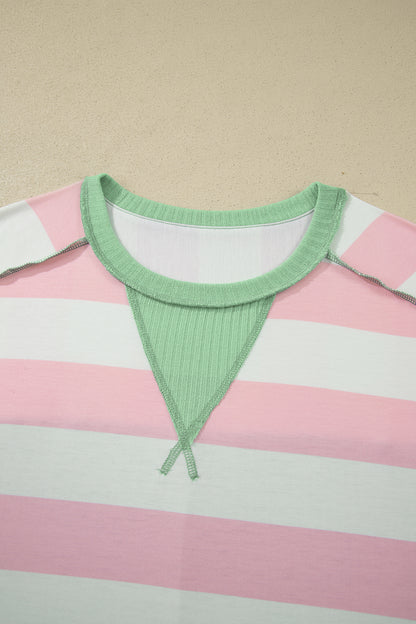 Stripe Exposed Seam Ribbed Patchwork Oversized Tee